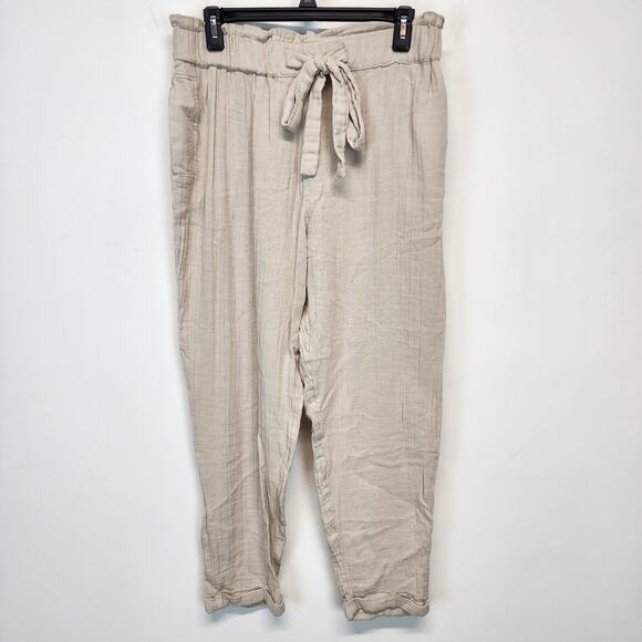 SO Tapered Leg 100% Cotton Pants Size L Oatmeal Relaxed Fit Casual Minimalist - Picture 1 of 9